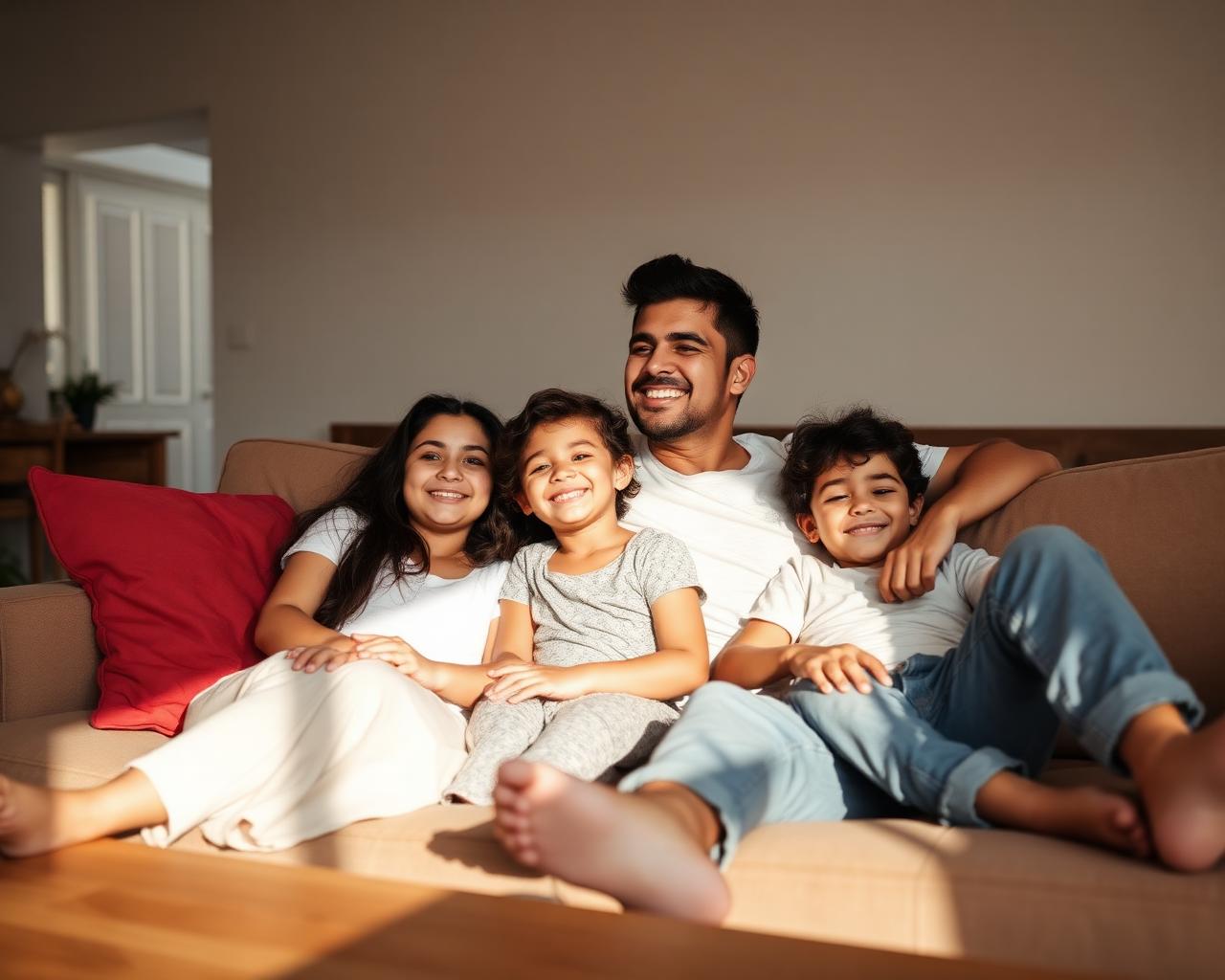 Família relaxando em casa